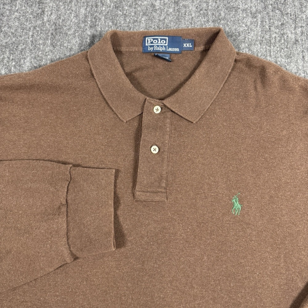 Polo Ralph Lauren Mens XXL Brown Long Sleeve Polo Shirt Green Pony 100% Cotton
